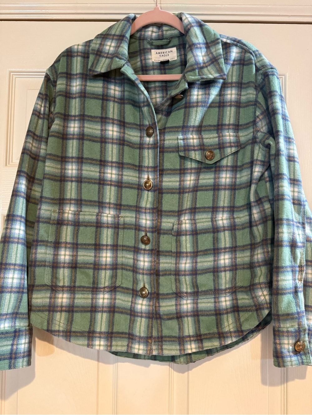 American Eagle XS Green Plaid Wool Blend Shacket Jacket Crest Buttons